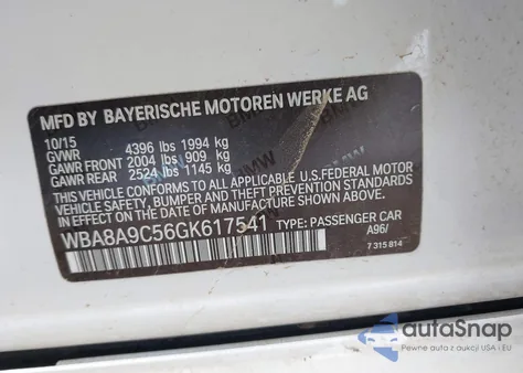 2016 BMW 320I из США, поврежденный, VIN WBA8A9C56GK617541